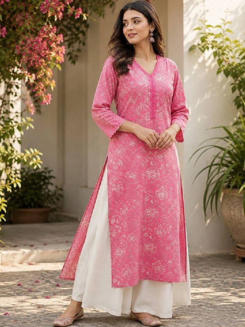 Women floral printed thread work floral kurta