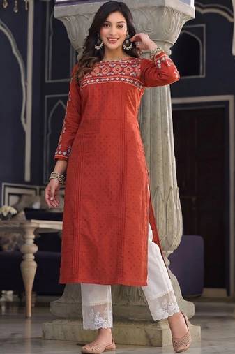 Women geometric embroidered mirror work dobby kurta
