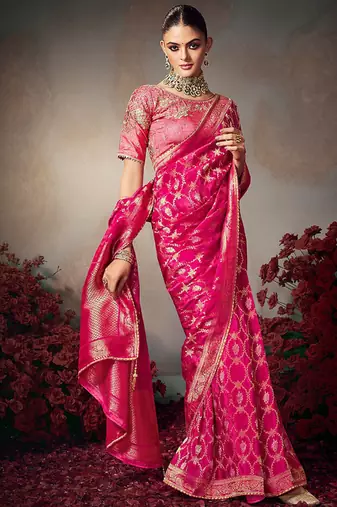 pink chiniya silk blend with beautiful lace border & piping designer saree