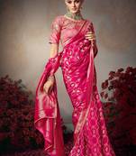 pink chiniya silk blend with beautiful lace border & piping designer saree