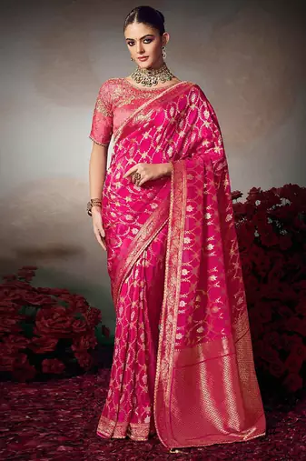 pink chiniya silk blend with beautiful lace border & piping designer saree