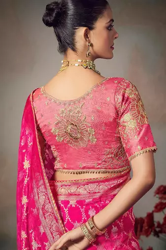 pink chiniya silk blend with beautiful lace border & piping designer saree