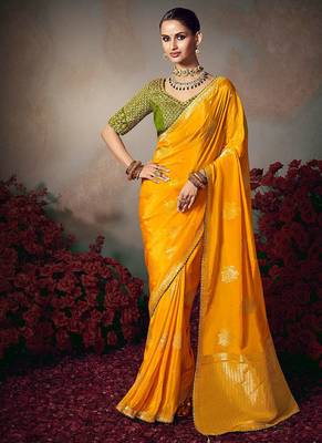 mustard chiniya silk blend with beautiful lace border & piping designer saree 1