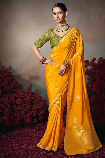mustard chiniya silk blend with beautiful lace border & piping designer saree