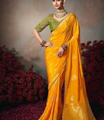 mustard chiniya silk blend with beautiful lace border & piping designer saree