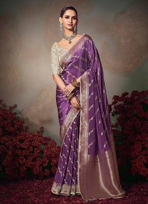 lavender chiniya silk blend with beautiful lace border & piping designer saree 1