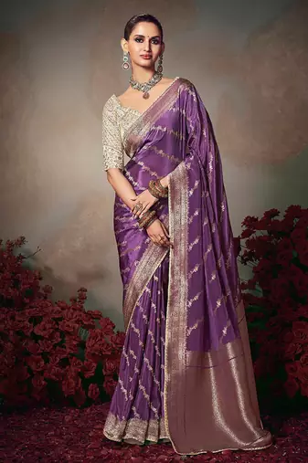 lavender chiniya silk blend with beautiful lace border & piping designer saree