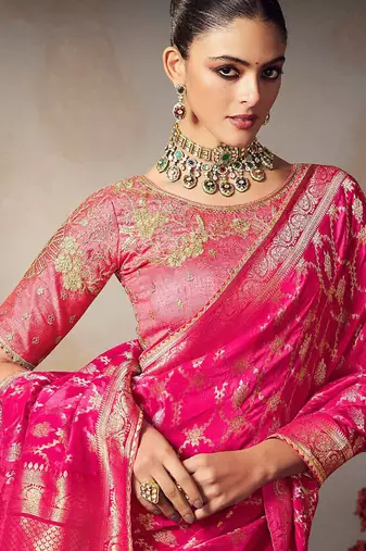 pink chiniya silk blend with beautiful lace border & piping designer saree