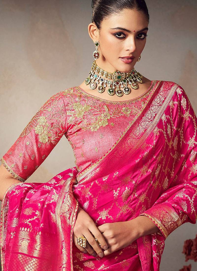 pink chiniya silk blend with beautiful lace border & piping designer saree