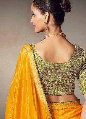 mustard chiniya silk blend with beautiful lace border & piping designer saree 2