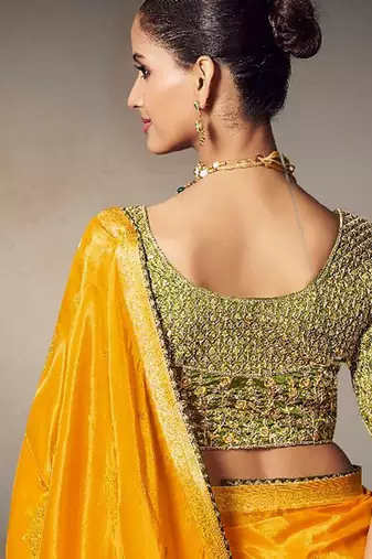 mustard chiniya silk blend with beautiful lace border & piping designer saree