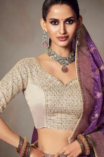 lavender chiniya silk blend with beautiful lace border & piping designer saree