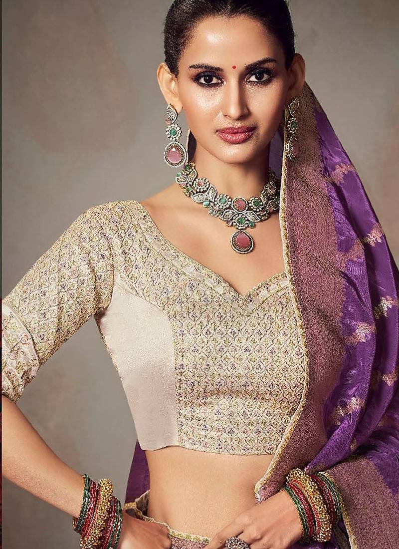 lavender chiniya silk blend with beautiful lace border & piping designer saree
