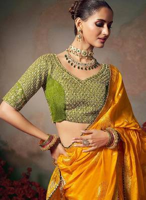 mustard chiniya silk blend with beautiful lace border & piping designer saree 3