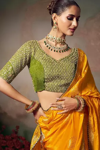mustard chiniya silk blend with beautiful lace border & piping designer saree