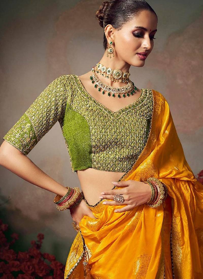 mustard chiniya silk blend with beautiful lace border & piping designer saree