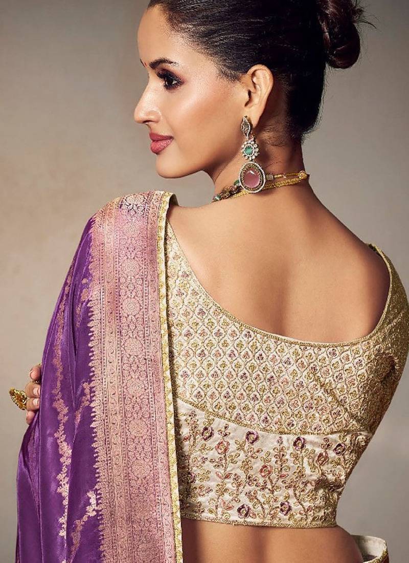lavender chiniya silk blend with beautiful lace border & piping designer saree