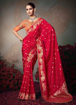 red chiniya silk blend with beautiful lace border & piping designer saree 1