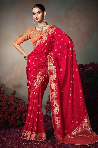 red chiniya silk blend with beautiful lace border & piping designer saree