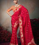 red chiniya silk blend with beautiful lace border & piping designer saree