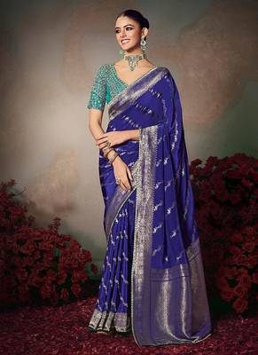 navy blue chiniya silk blend with beautiful lace border & piping designer saree 1