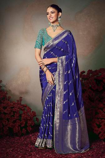 navy blue chiniya silk blend with beautiful lace border & piping designer saree