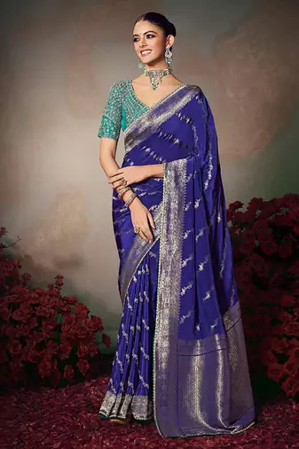 navy blue chiniya silk blend with beautiful lace border & piping designer saree