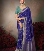navy blue chiniya silk blend with beautiful lace border & piping designer saree