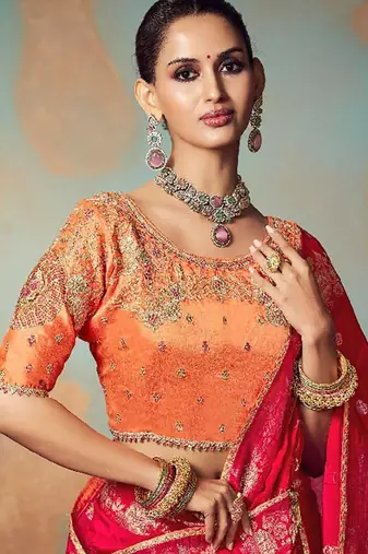 red chiniya silk blend with beautiful lace border & piping designer saree