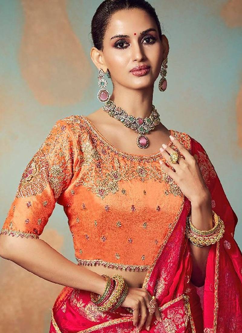 red chiniya silk blend with beautiful lace border & piping designer saree