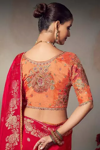 red chiniya silk blend with beautiful lace border & piping designer saree