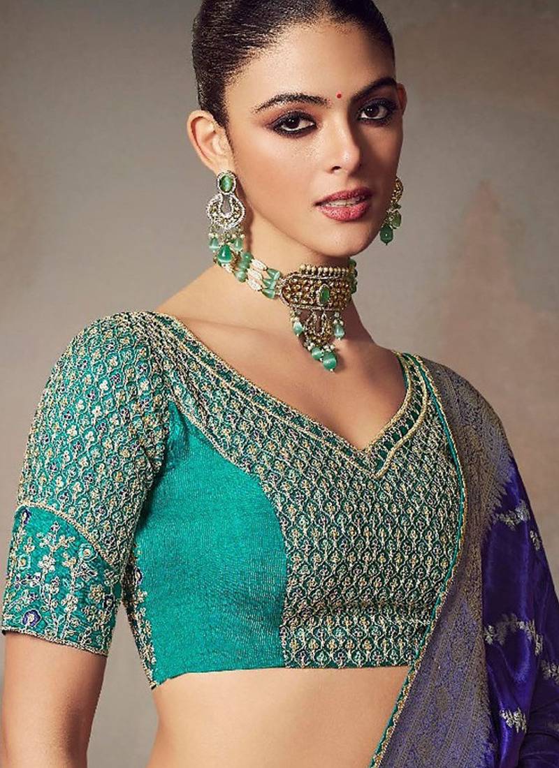 navy blue chiniya silk blend with beautiful lace border & piping designer saree