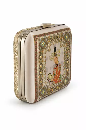 Mughal Court Emperor Miniature Art Clutch Bag with Gold Embellishment