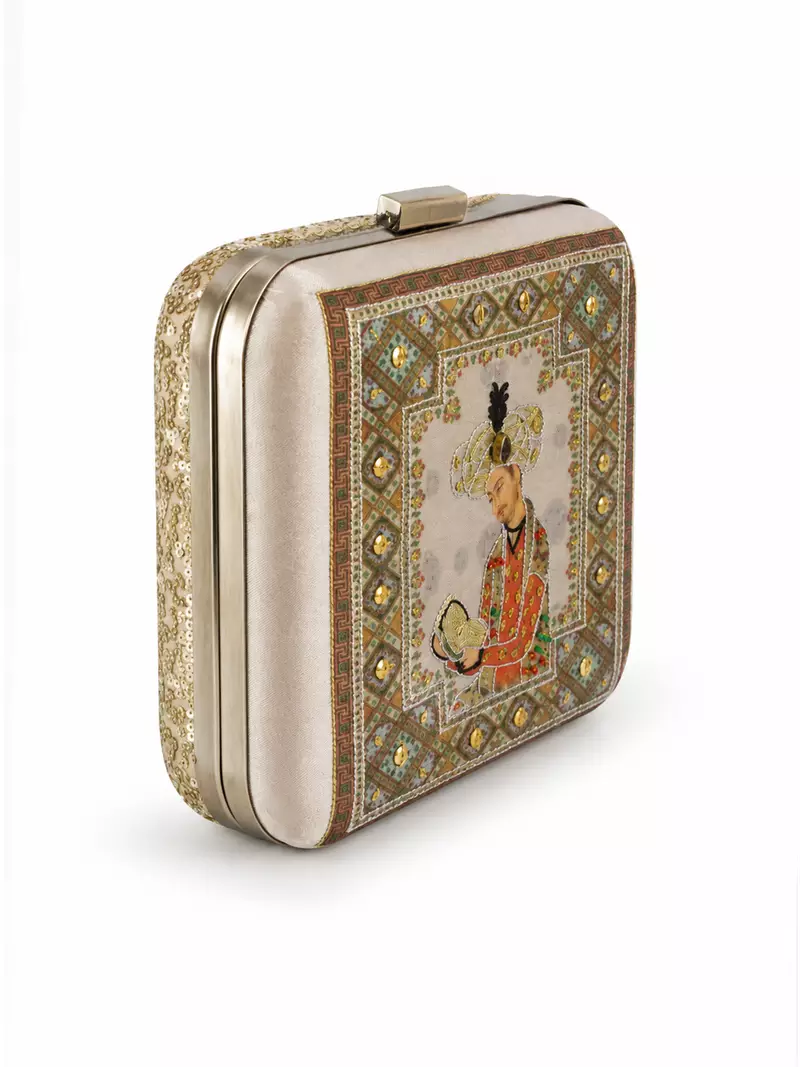 Mughal Court Emperor Miniature Art Clutch Bag with Gold Embellishment