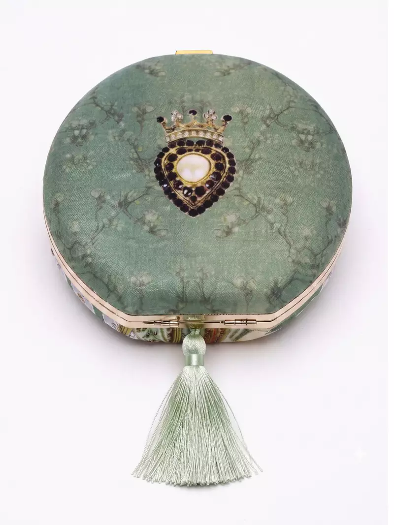 Sage Green Shehzada Portrait Round Clutch Bag with Embellished Tassel