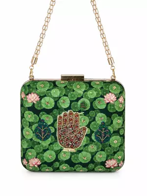 Green Lotus Pond Print Clutch Bag with Embroidered Jewel Palm & Gold Chain 1