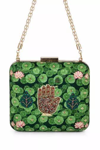 Green Lotus Pond Print Clutch Bag with Embroidered Jewel Palm & Gold Chain