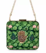 Green Lotus Pond Print Clutch Bag with Embroidered Jewel Palm & Gold Chain