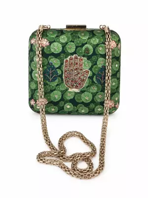 Green Lotus Pond Print Clutch Bag with Embroidered Jewel Palm & Gold Chain 2