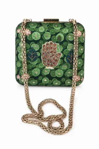 Green Lotus Pond Print Clutch Bag with Embroidered Jewel Palm & Gold Chain