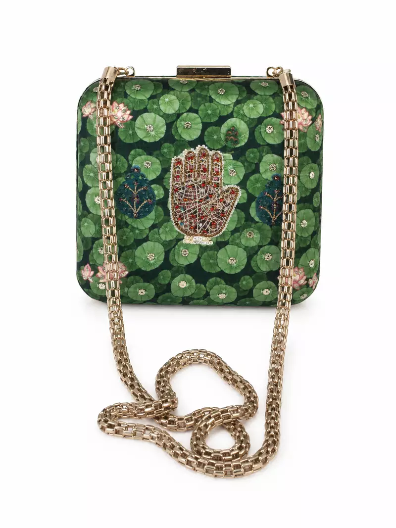 Green Lotus Pond Print Clutch Bag with Embroidered Jewel Palm & Gold Chain