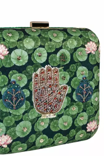Green Lotus Pond Print Clutch Bag with Embroidered Jewel Palm & Gold Chain