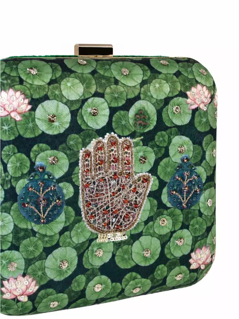 Green Lotus Pond Print Clutch Bag with Embroidered Jewel Palm & Gold Chain