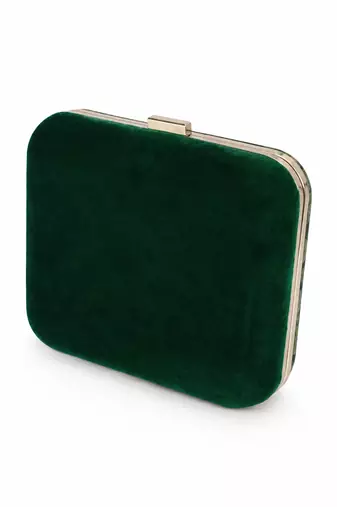 Green Lotus Pond Print Clutch Bag with Embroidered Jewel Palm & Gold Chain