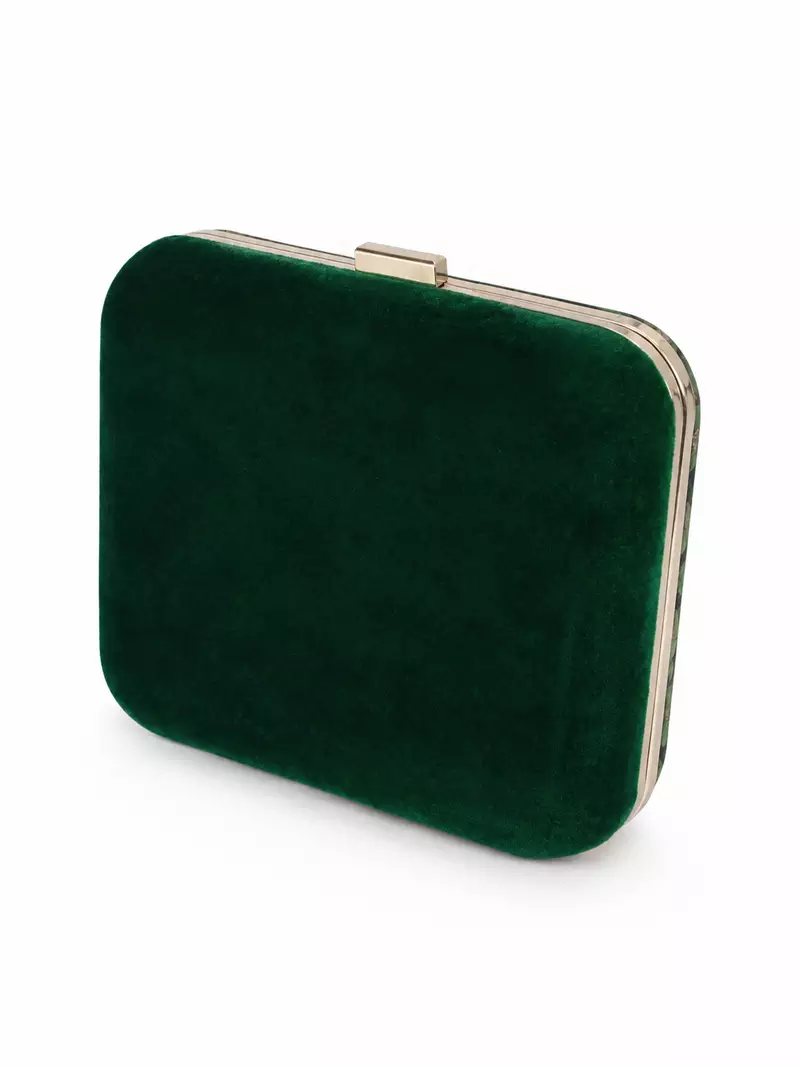 Green Lotus Pond Print Clutch Bag with Embroidered Jewel Palm & Gold Chain