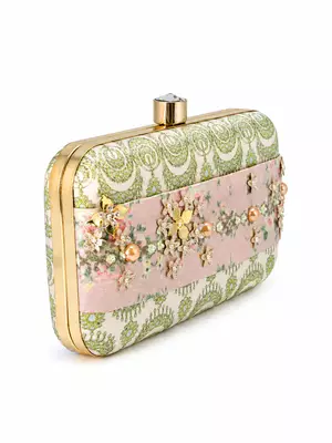 Pastel Floral Embellished Clutch Bag with Jewel & 3D Flower Detail 1