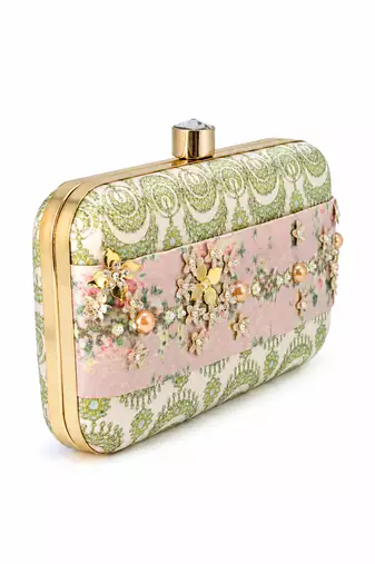 Pastel Floral Embellished Clutch Bag with Jewel & 3D Flower Detail