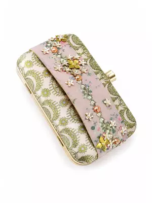 Pastel Floral Embellished Clutch Bag with Jewel & 3D Flower Detail 2