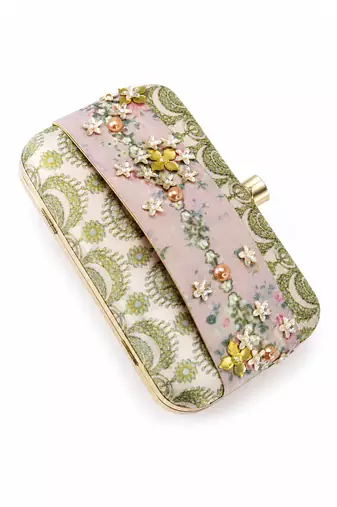 Pastel Floral Embellished Clutch Bag with Jewel & 3D Flower Detail