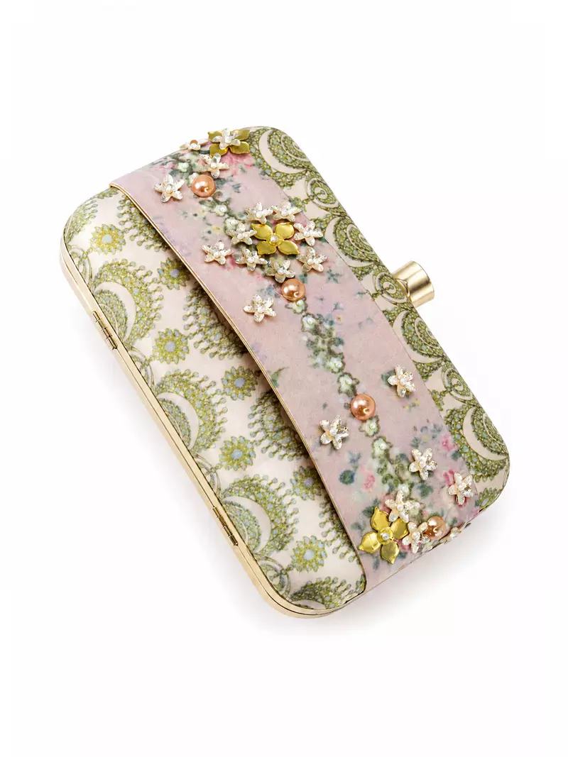 Pastel Floral Embellished Clutch Bag with Jewel & 3D Flower Detail